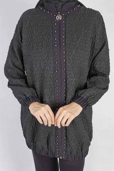 Fermuarlı Lastik Paça Dokulu Tesettür Spor Ceket Siyah OTW1158