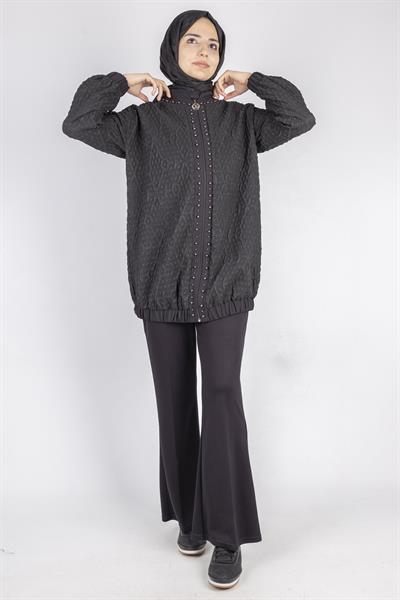 Fermuarlı Lastik Paça Dokulu Tesettür Spor Ceket Siyah OTW1158