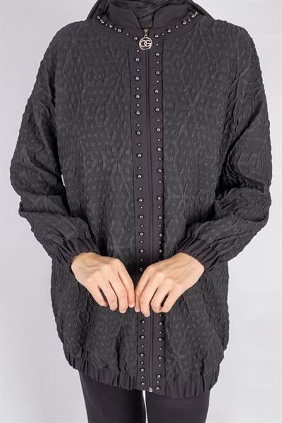 Fermuarlı Lastik Paça Dokulu Tesettür Spor Ceket Siyah OTW1158