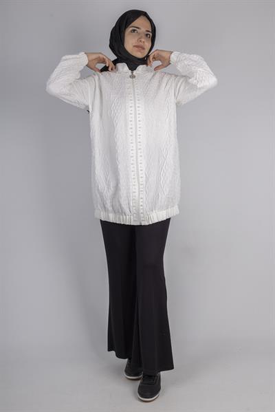 Fermuarlı Lastik Paça Dokulu Tesettür Spor Ceket Ekru OTW1158