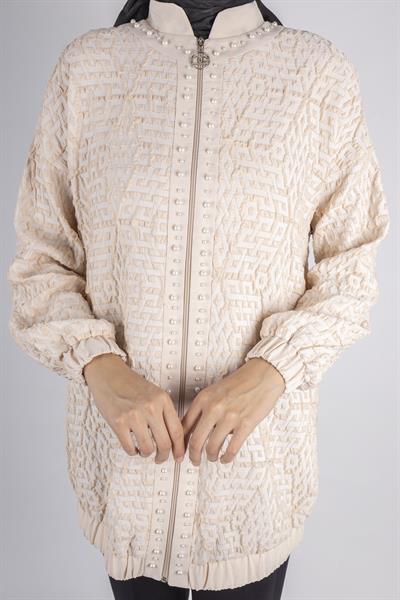 Fermuarlı Lastik Paça Dokulu Tesettür Spor Ceket Bej OTW1158