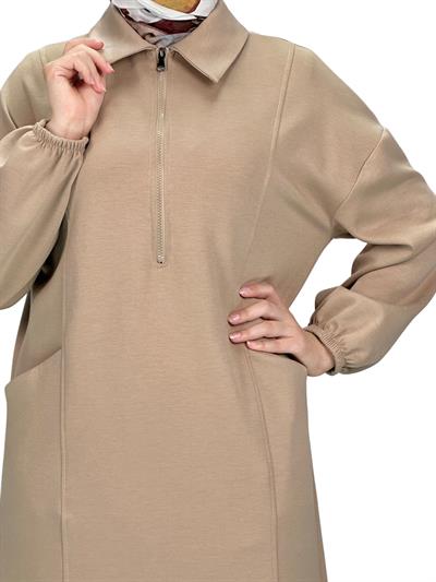 Fermuarlı Spor Elbise Bej OTW7018