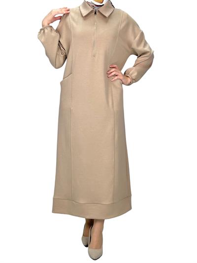 Fermuarlı Spor Elbise Bej OTW7018