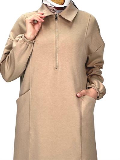 Fermuarlı Spor Elbise Bej OTW7018