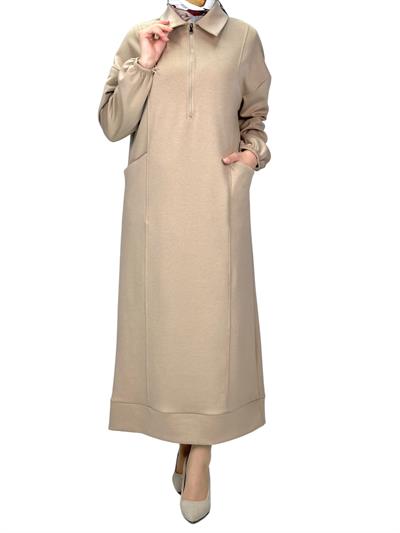 Fermuarlı Spor Elbise Bej OTW7018