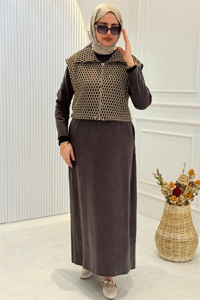 File Detaylı Elbise Yelek Takım Kahve OTW7270