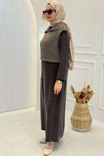 File Detaylı Elbise Yelek Takım Kahve OTW7270