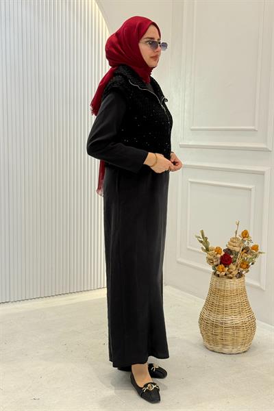 File Detaylı Elbise Yelek Takım Siyah OTW7270