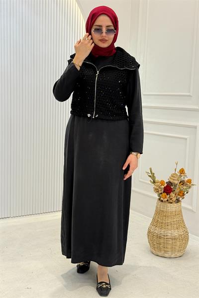 File Detaylı Elbise Yelek Takım Siyah OTW7270