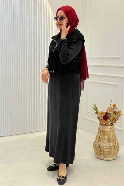 File Detaylı Elbise Yelek Takım Siyah OTW7270