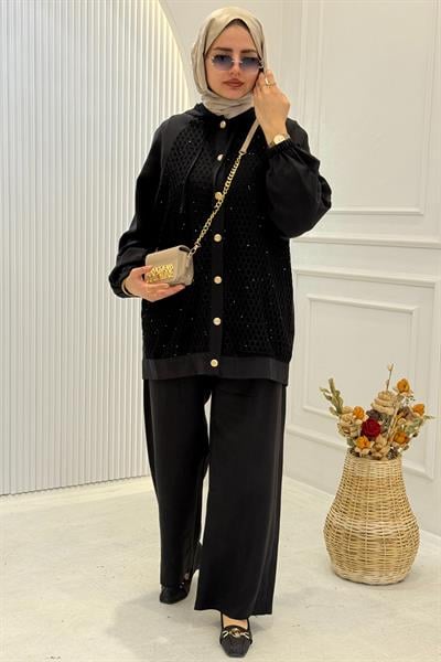 File Detaylı Tensel Kumaş Takım Siyah OTW8617