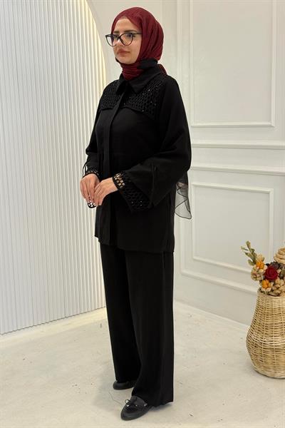 File Detaylı Tunik Pantolon Takım Siyah OTW8600