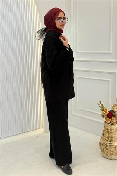 File Detaylı Tunik Pantolon Takım Siyah OTW8600