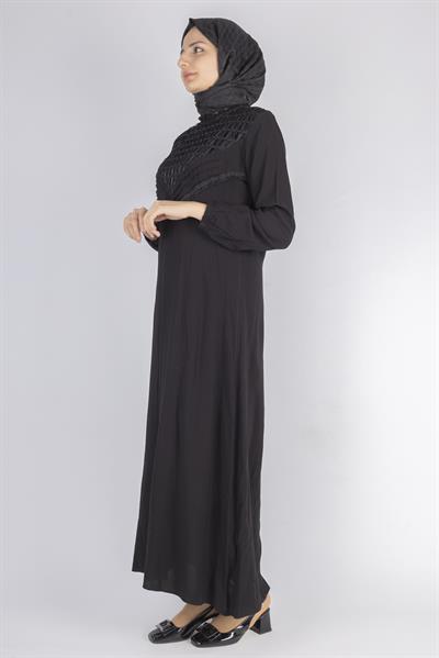 File İşlemeli Göğüs Detaylı Maxi Elbise Siyah OTW562