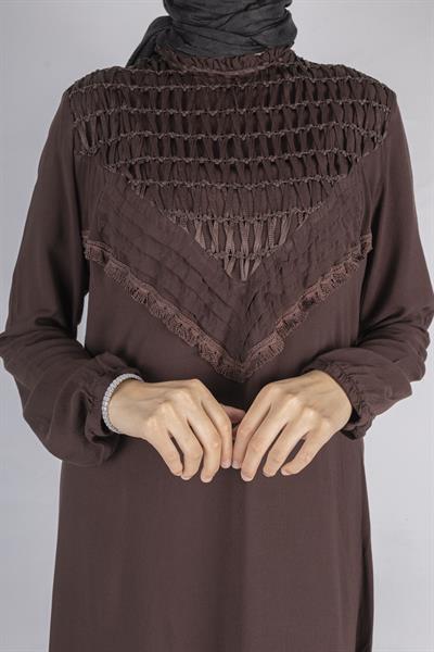 File İşlemeli Göğüs Detaylı Maxi Elbise Kahve OTW562