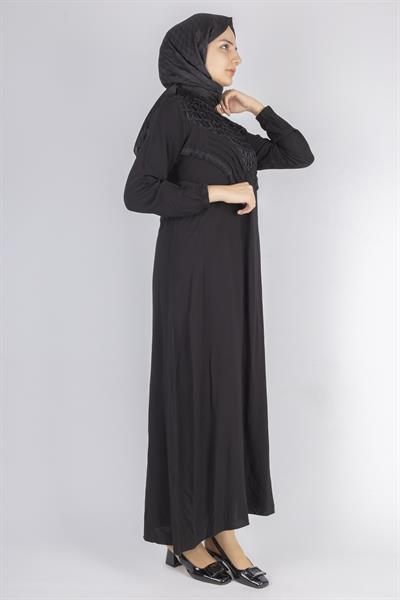 File İşlemeli Göğüs Detaylı Maxi Elbise Siyah OTW562
