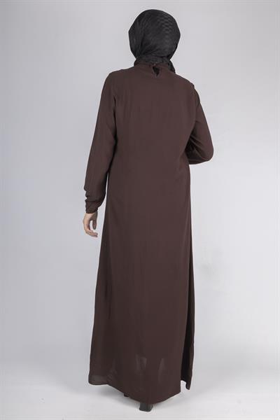 File İşlemeli Göğüs Detaylı Maxi Elbise Kahve OTW562