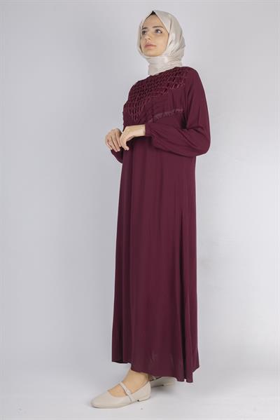 File İşlemeli Göğüs Detaylı Maxi Elbise Bordo OTW562