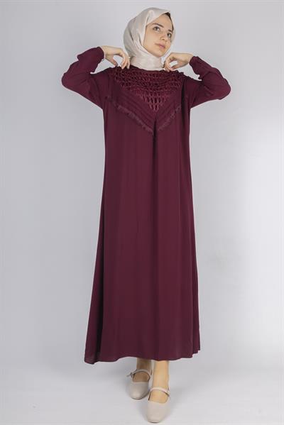 File İşlemeli Göğüs Detaylı Maxi Elbise Bordo OTW562