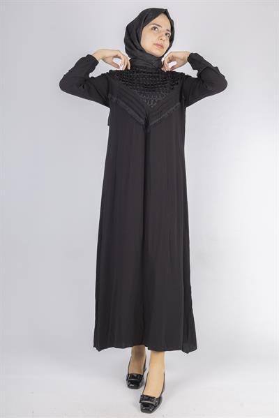 File İşlemeli Göğüs Detaylı Maxi Elbise Siyah OTW562