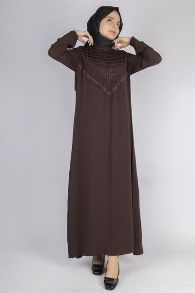 File İşlemeli Göğüs Detaylı Maxi Elbise Kahve OTW562