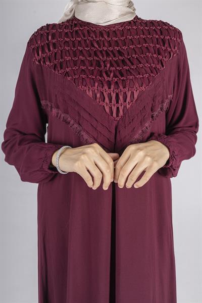 File İşlemeli Göğüs Detaylı Maxi Elbise Bordo OTW562