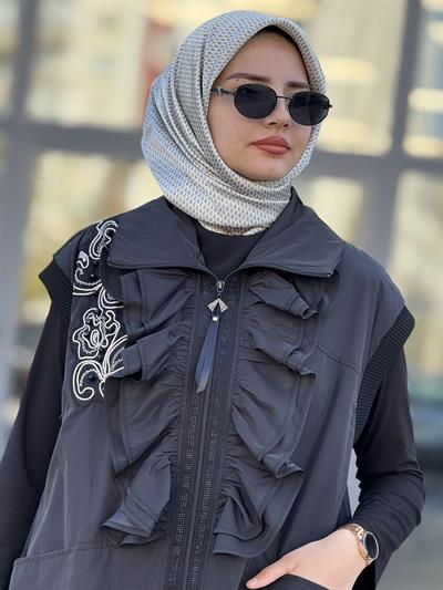 Fırfır Detaylı Büyük Beden Paraşüt Yelek Siyah OTW50502