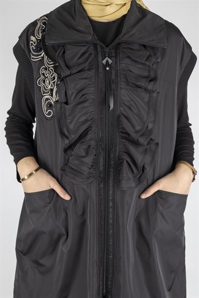 Fırfır Detaylı Büyük Beden Paraşüt Yelek Siyah OTW50502