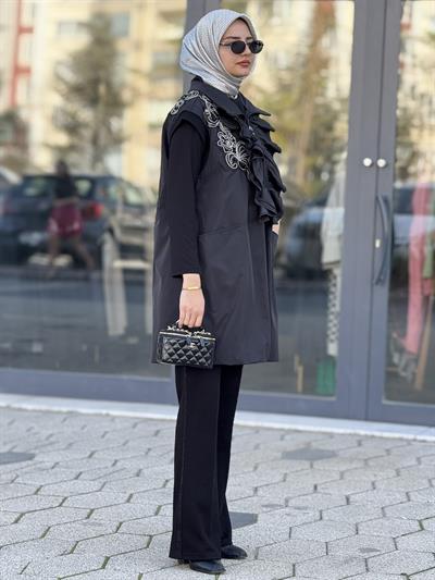 Fırfır Detaylı Büyük Beden Paraşüt Yelek Siyah OTW50502