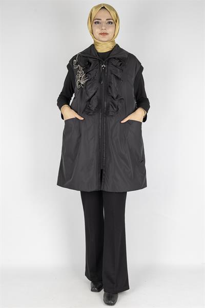 Fırfır Detaylı Büyük Beden Paraşüt Yelek Siyah OTW50502