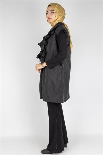 Fırfır Detaylı Büyük Beden Paraşüt Yelek Siyah OTW50502
