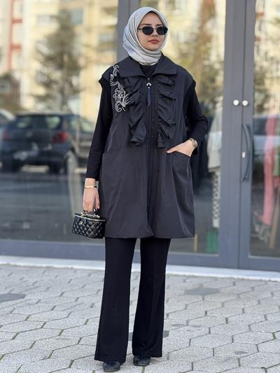 Fırfır Detaylı Büyük Beden Paraşüt Yelek Siyah OTW50502