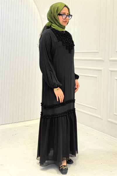 Fırfır Detaylı Tesettür Elbise Siyah OTW1797