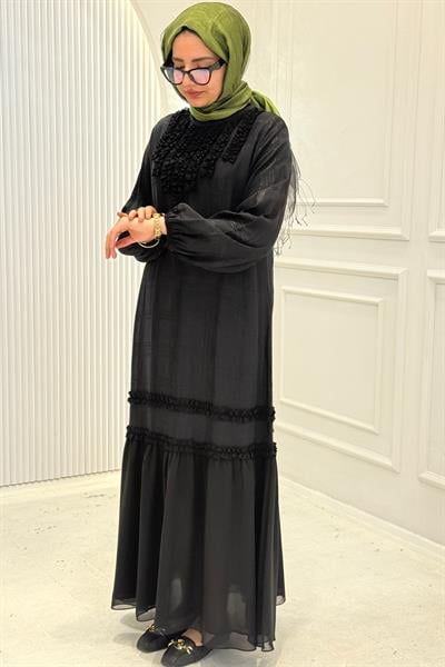 Fırfır Detaylı Tesettür Elbise Siyah OTW1797