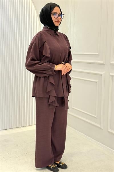 Fırfır Detaylı Tesettür Pantolon Takım Bordo OTW74022
