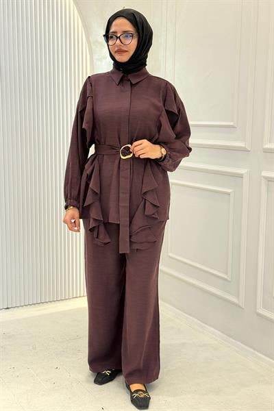 Fırfır Detaylı Tesettür Pantolon Takım Bordo OTW74022