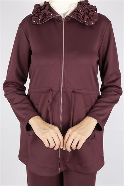 Fırfır Yaka Detaylı Pantolonlu Takım Bordo OTW8565