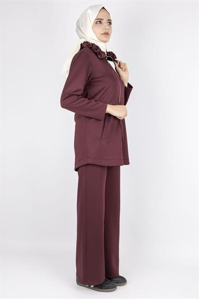 Fırfır Yaka Detaylı Pantolonlu Takım Bordo OTW8565