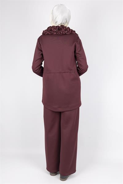 Fırfır Yaka Detaylı Pantolonlu Takım Bordo OTW8565