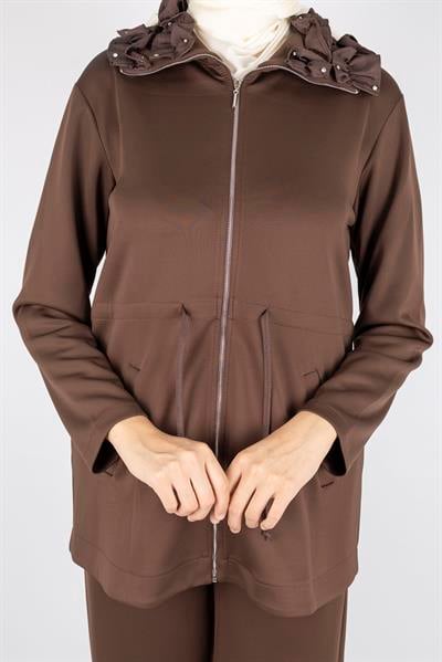 Fırfır Yaka Detaylı Pantolonlu Takım Kahve OTW8565