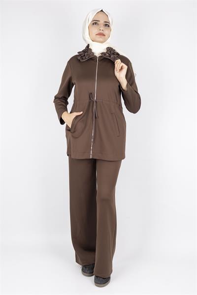Fırfır Yaka Detaylı Pantolonlu Takım Kahve OTW8565