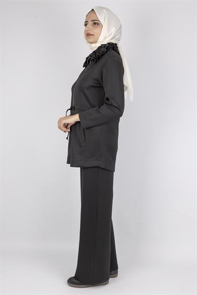 Fırfır Yaka Detaylı Pantolonlu Takım Siyah OTW8565
