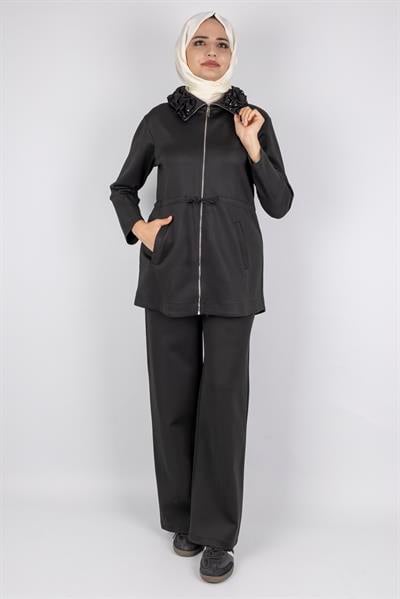 Fırfır Yaka Detaylı Pantolonlu Takım Siyah OTW8565