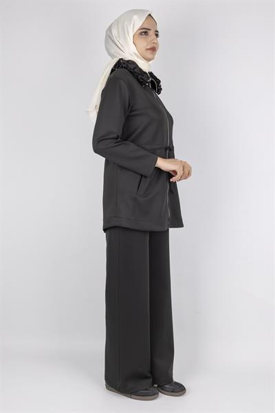 Fırfır Yaka Detaylı Pantolonlu Takım Siyah OTW8565