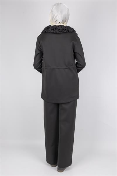 Fırfır Yaka Detaylı Pantolonlu Takım Siyah OTW8565