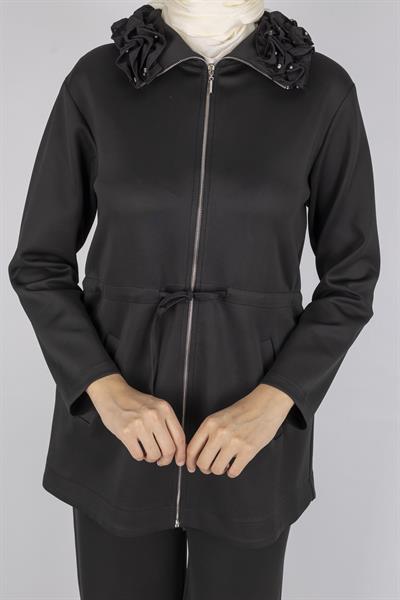 Fırfır Yaka Detaylı Pantolonlu Takım Siyah OTW8565