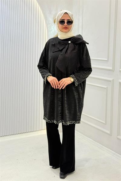 Fiyonk Detaylı İnci İşlemeli Büyük Beden Tunik Siyah OTW5195