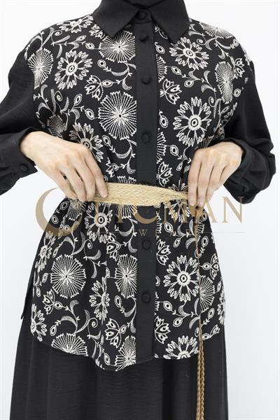 Floral Desenli Keten Etekli Takım Siyah OTW44843