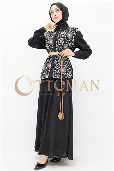 Floral Desenli Keten Etekli Takım Siyah OTW44843