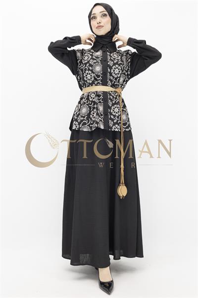 Floral Desenli Keten Etekli Takım Siyah OTW44843